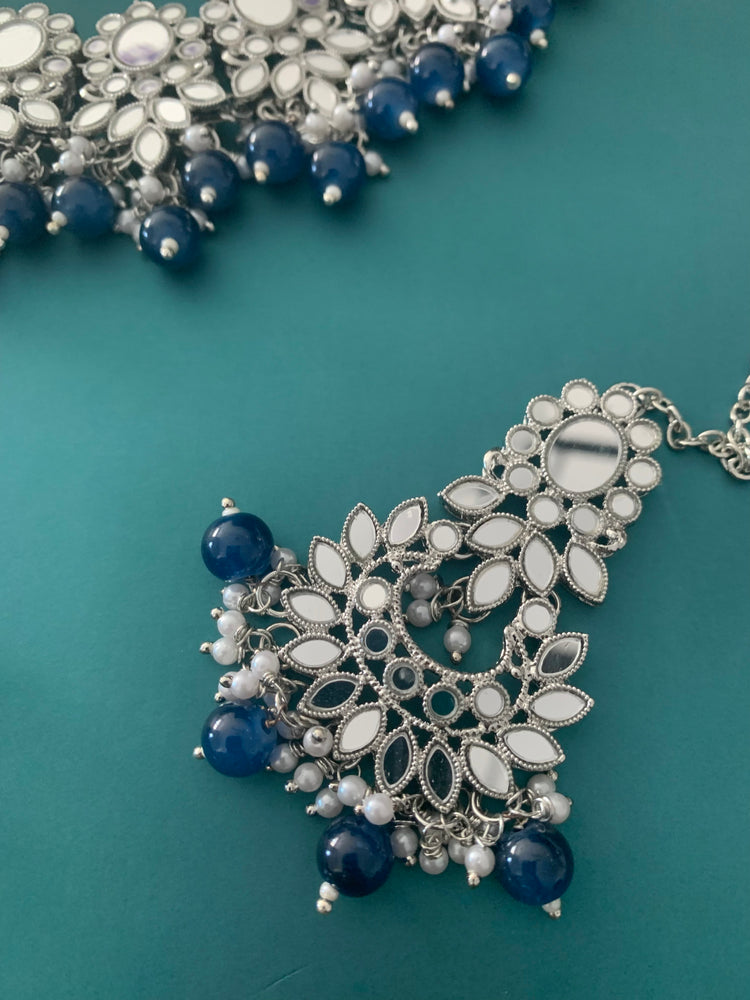 Sunaina silver mirror choker / necklace in blue
