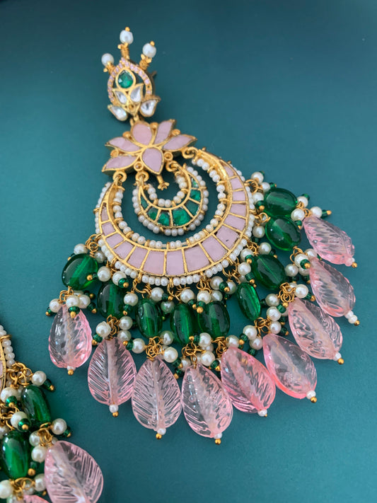 Pachi kundan earring in pastel pink and emerald green