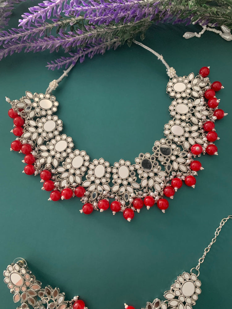 Sunaina silver mirror choker / necklace in red