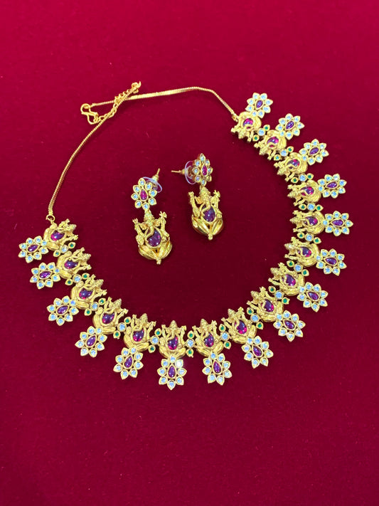 Temple style gold necklace and earring
