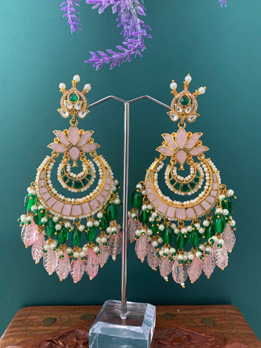 Pachi kundan earring in pastel pink and emerald green