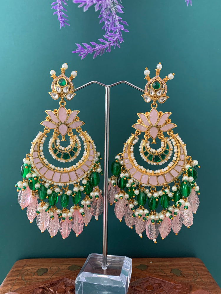 Shanti Pachi kundan earring in pastel pink and emerald green