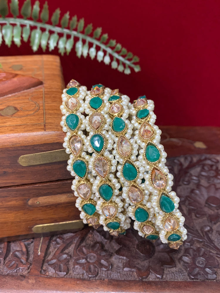 Polki dual shade bangle set in teal green and antique