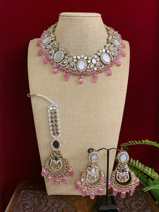 Joya quality mirror necklace set with matching earring tikka