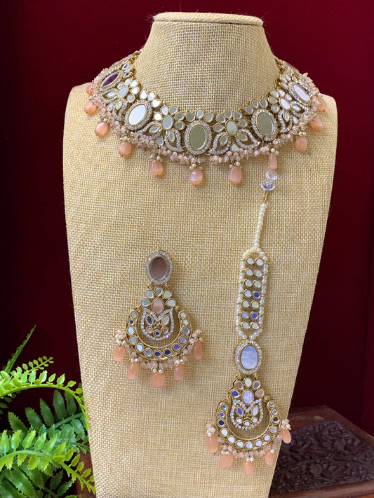 Joya Premium quality mirror necklace set with matching earring tikka