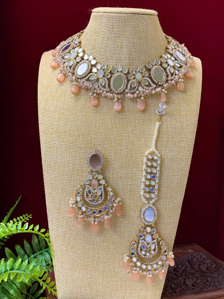 Premium quality mirror necklace set with matching earring tikka