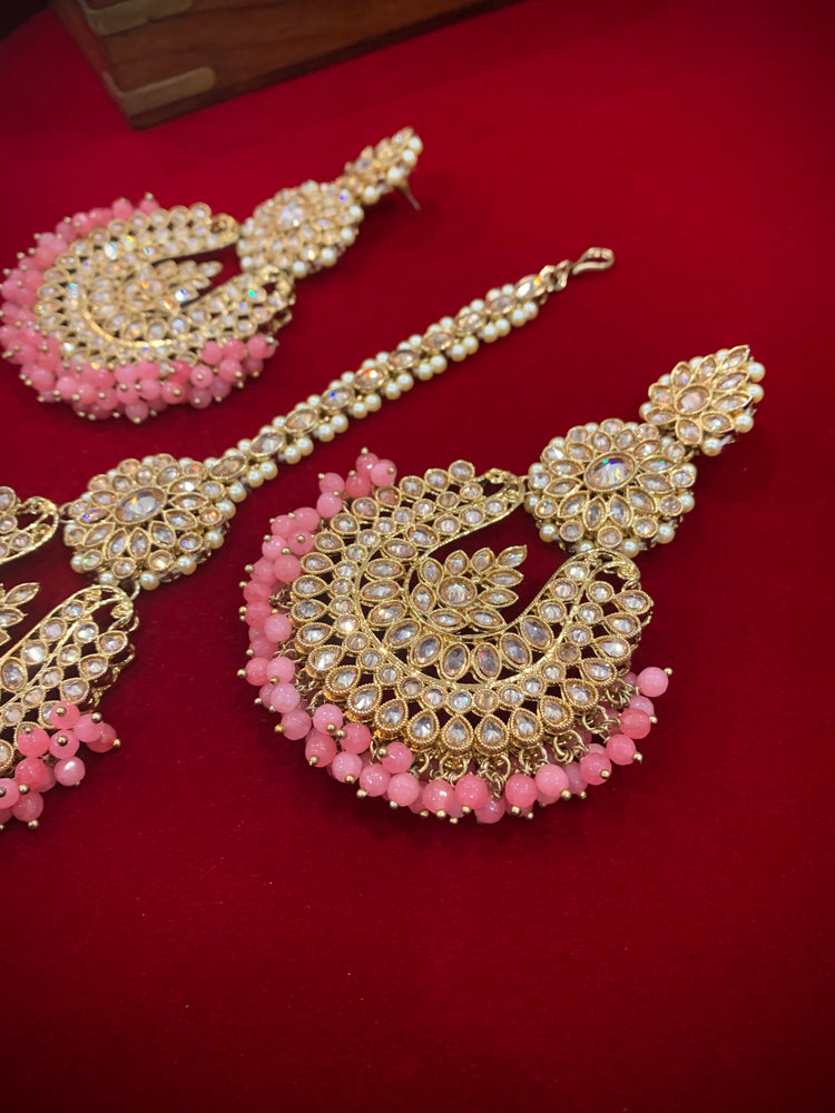 Polki chandbali style earring with matching Tikka onion pink Lola