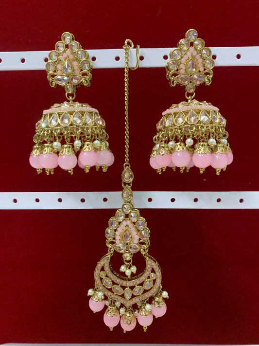 Polki jhumki tikka Pink