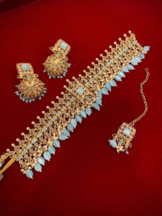 Farhana polki choker in sky blue