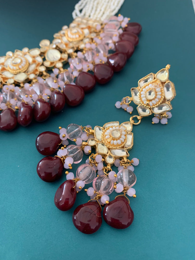 Zeda pachi kundan choker in pink and chocolate maroon