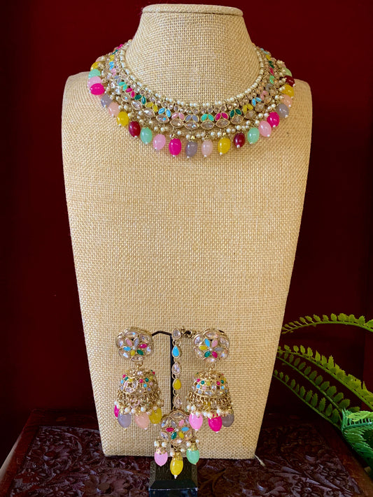 Reverse polki necklace with matching jhumki tikka