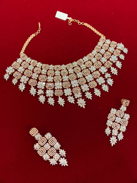 American diamond semi bridal necklace set in rose gold