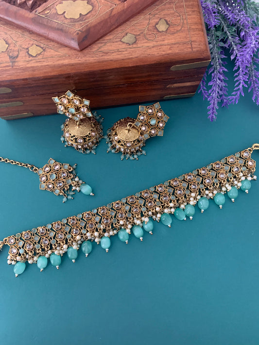 Kesariyan polki choker in mint