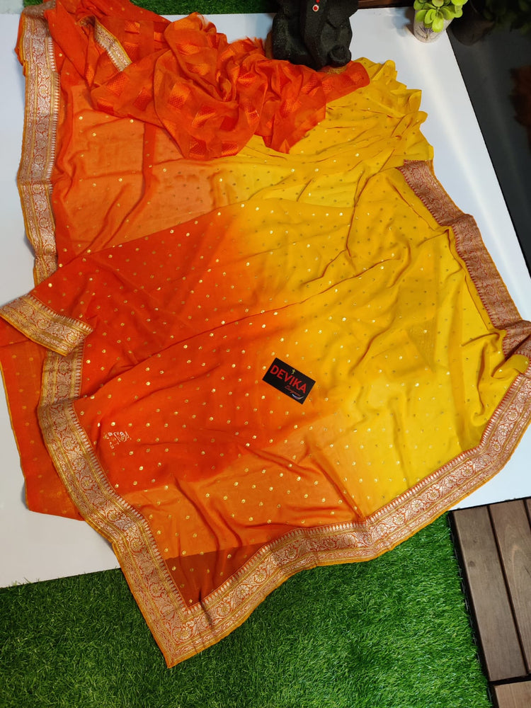 Dual shade georgette saree orange and yellow