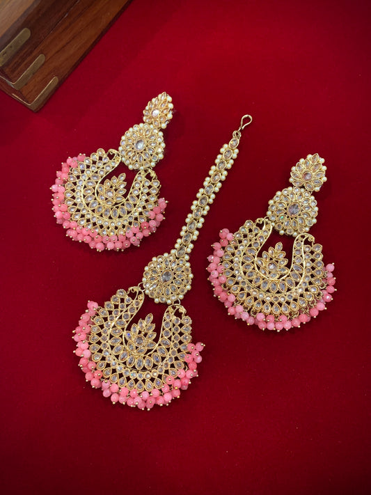 Polki chandbali style earring with matching Tikka onion pink Lola