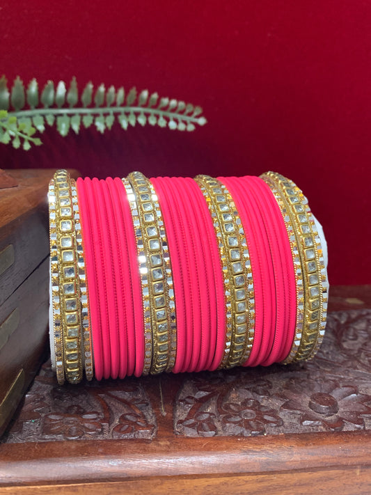 Pink churi and kundan bangle