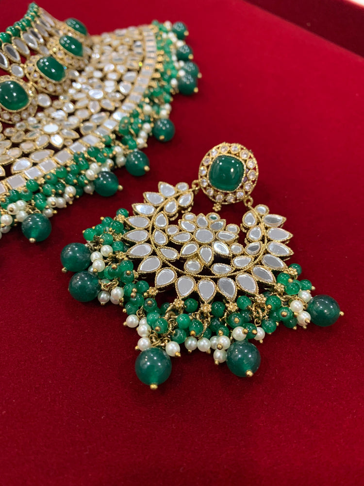 Mirror kundan semi bridal set in emerald gold