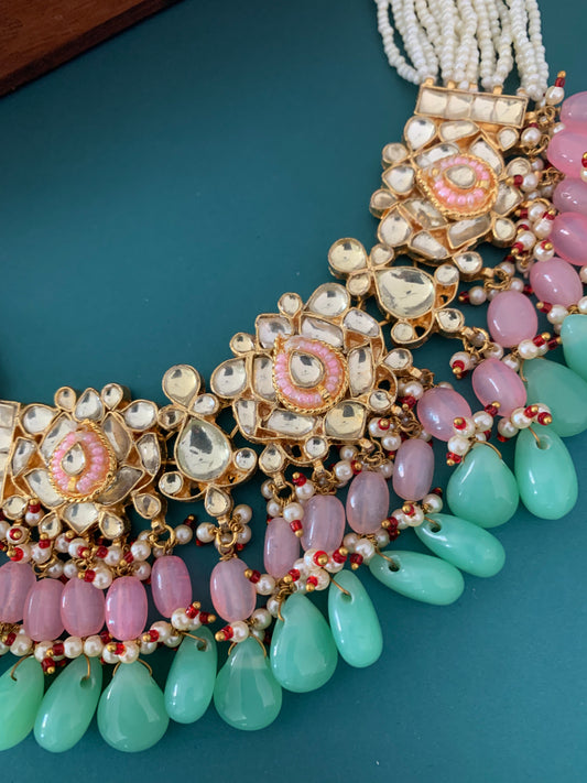 Zeda pachi kundan choker in pink and mint green maroon