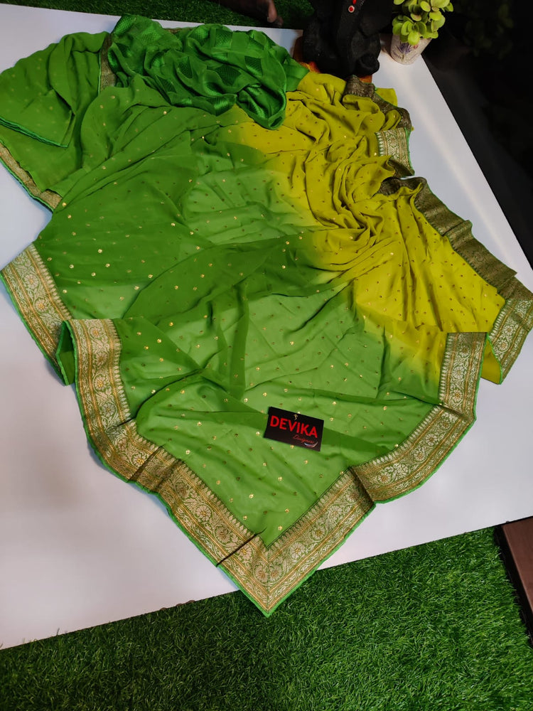 Dual shade georgette saree parrot green and lemon yellow