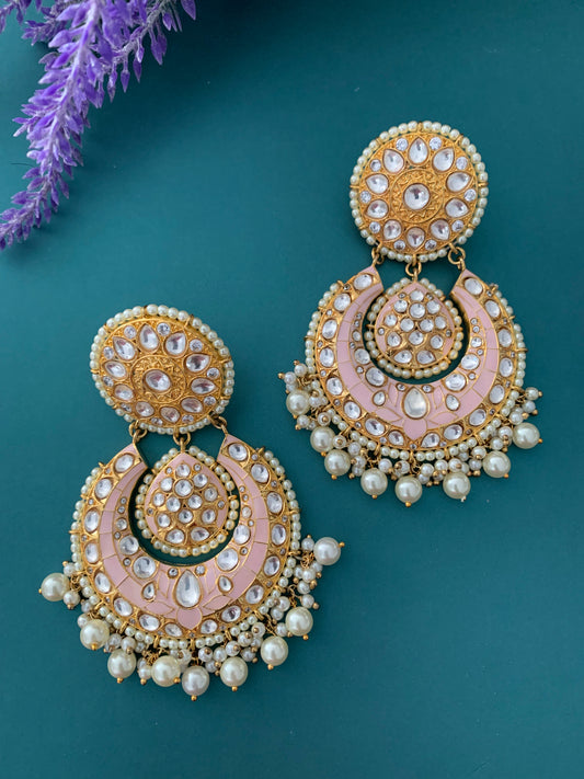 Uncut Kundan designer chandbali earring in light pink