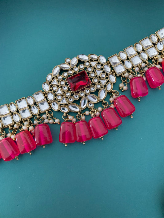 Sadiya kundan choker set in magenta pink