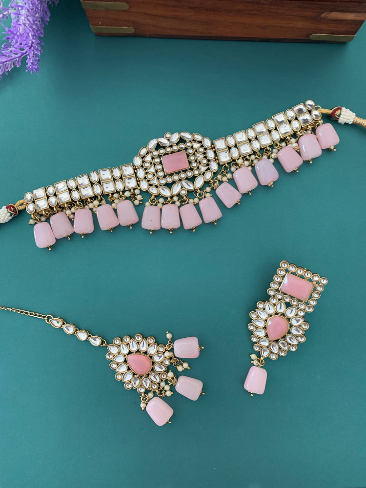 Sadiya kundan choker set in light pink