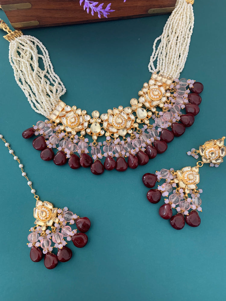 Zeda pachi kundan choker in pink and chocolate maroon