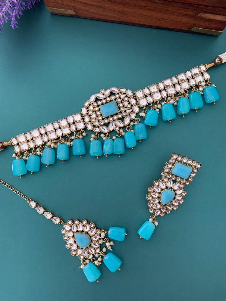 Sadiya kundan choker set in phirozi blue