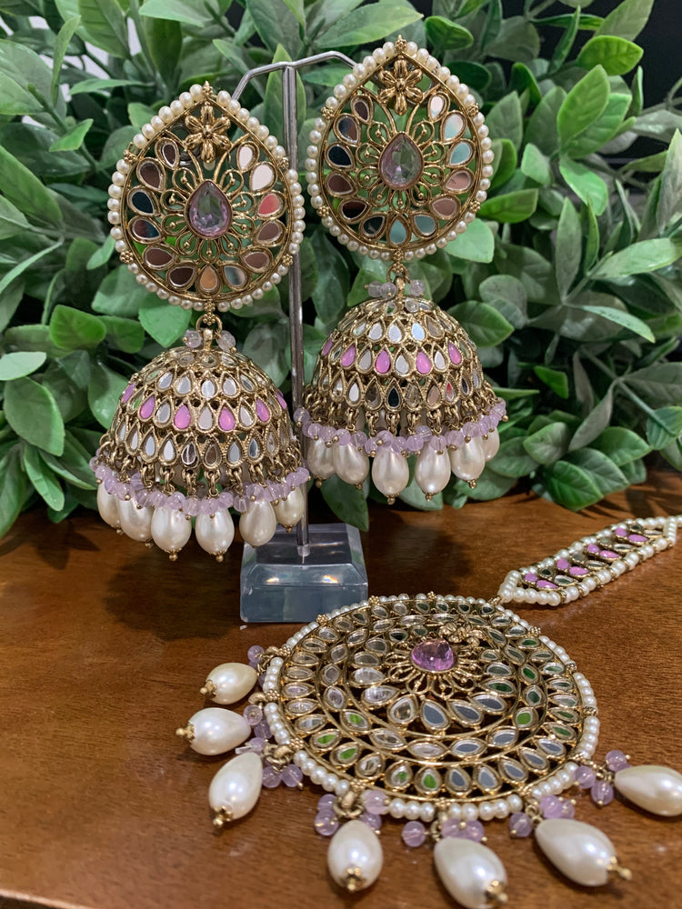 Mirror jhumki with oversize Tikka Nasima