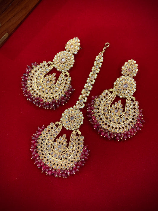 Polki chandbali style earring Tikka maroon burgundy Lola