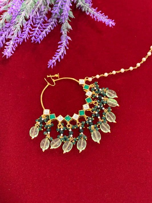 Pachi kundan statement nath/nose ring emerald green