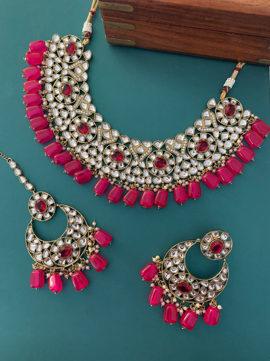 Kundan necklace set Raisa in hot pink