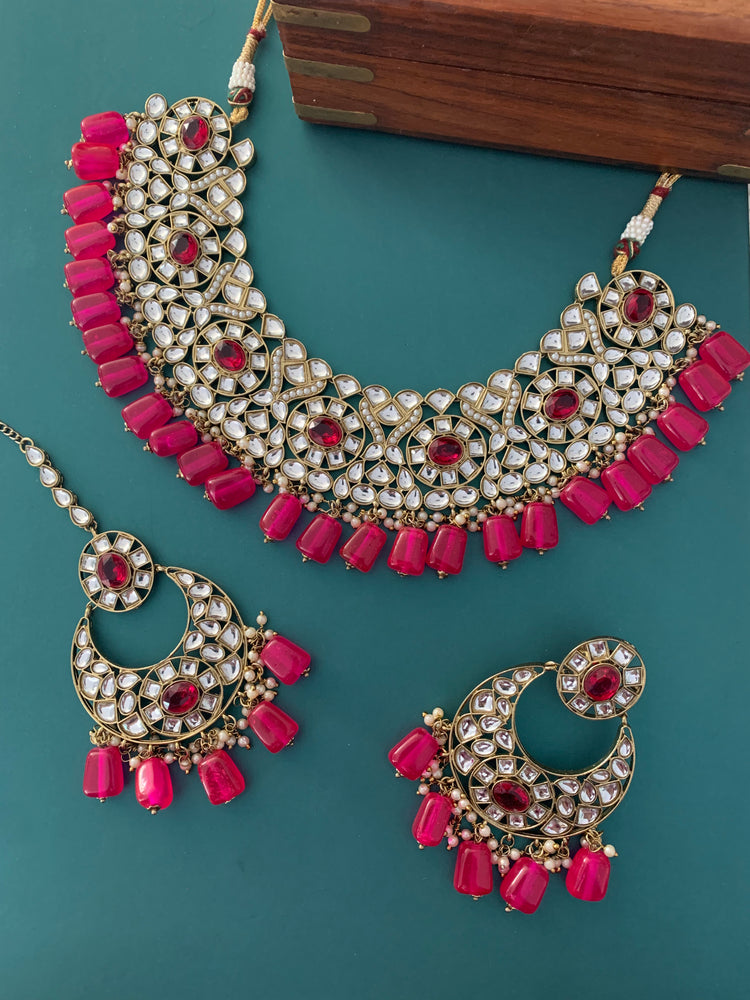 Kundan necklace set Raisa in hot pink