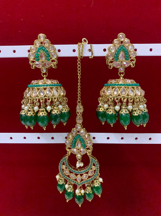 Polki jhumki tikka Emerald green