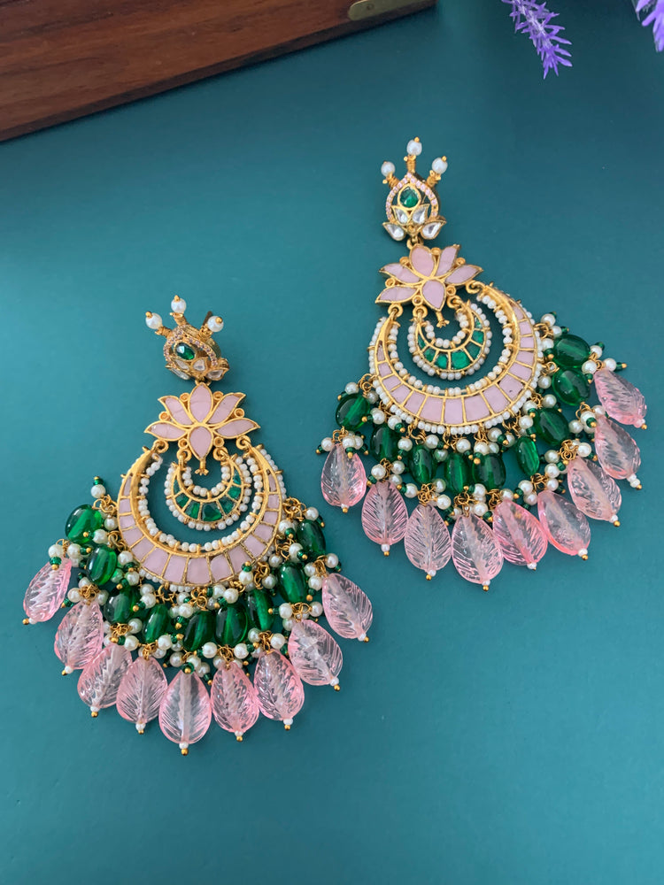 Shanti Pachi kundan earring in pastel pink and emerald green