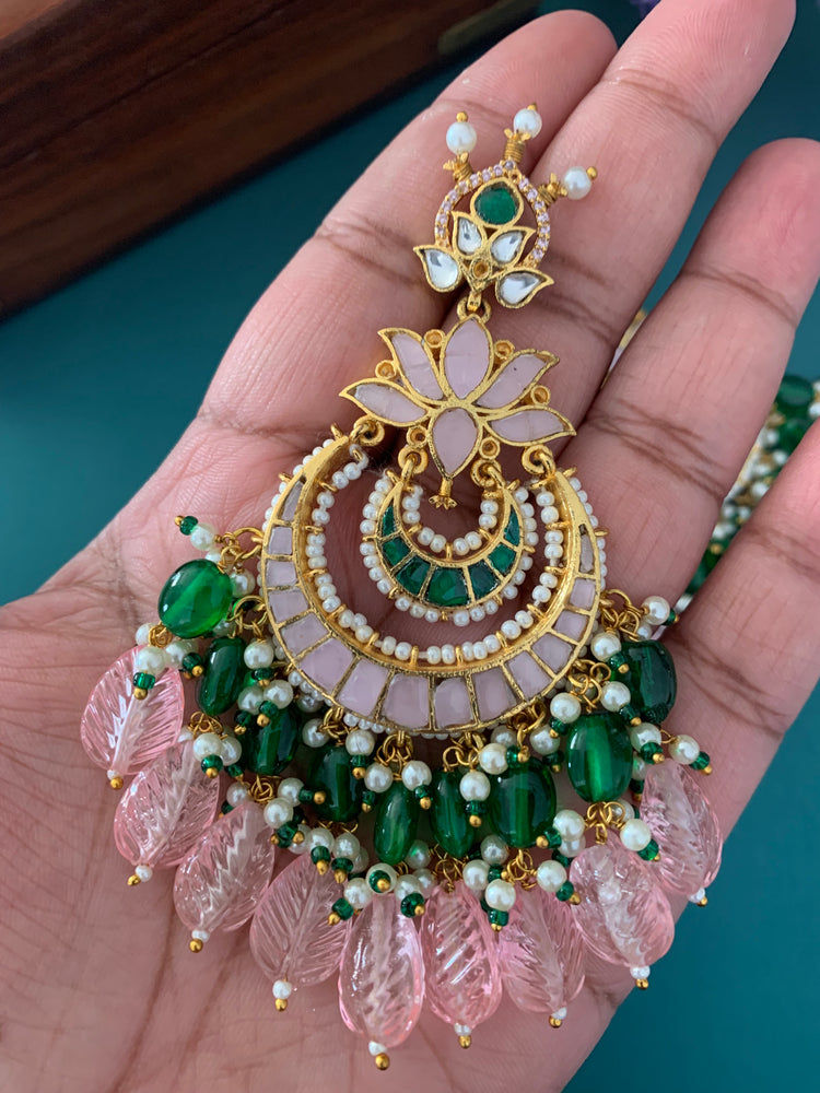 Shanti Pachi kundan earring in pastel pink and emerald green