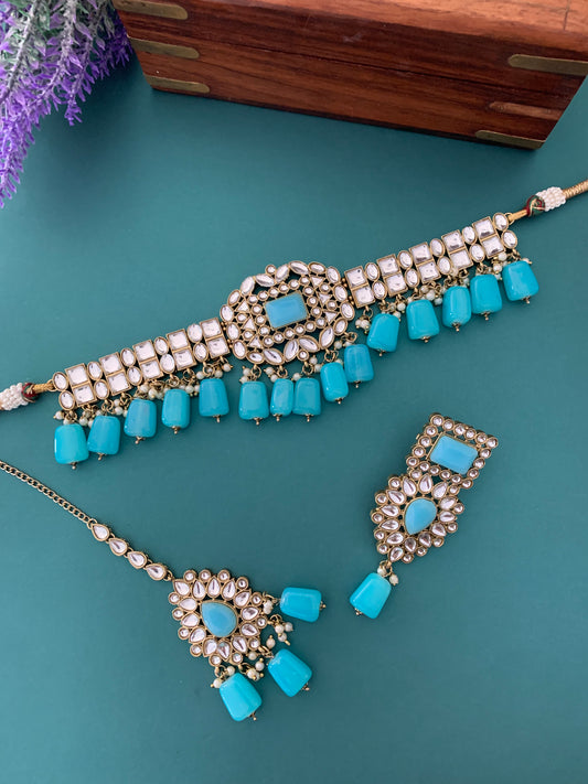 Sadiya kundan choker set in phirozi blue