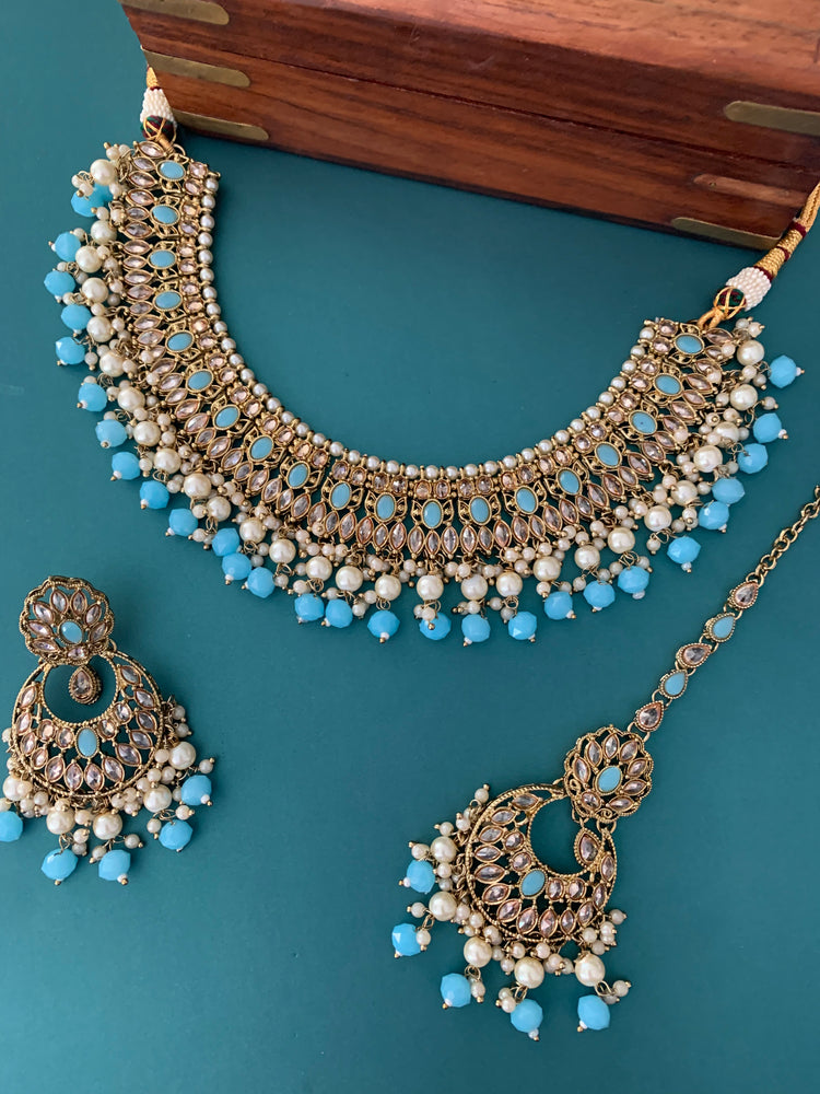 Khusboo polki necklace in phirozi blue