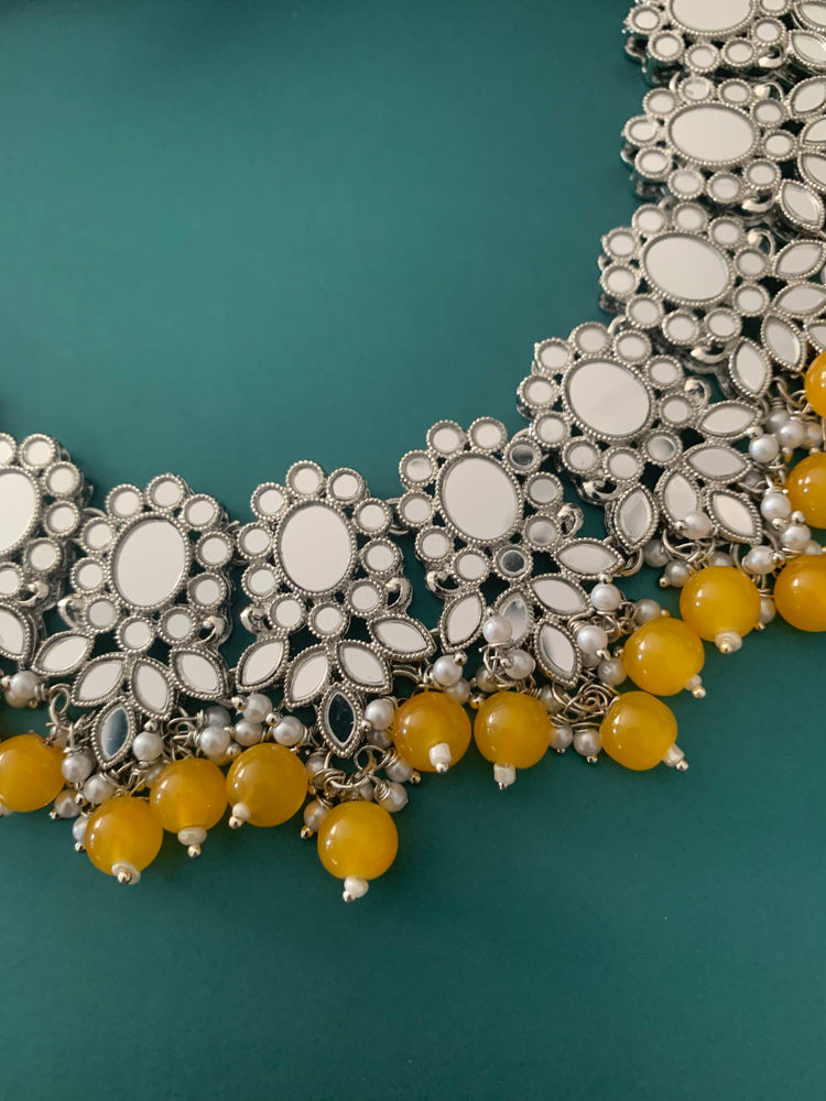 Sunaina silver mirror choker / necklace in pastel yellow