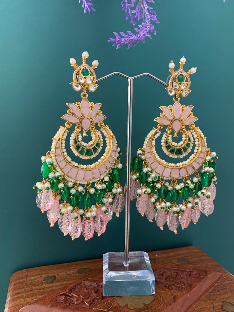 Shanti Pachi kundan earring in pastel pink and emerald green