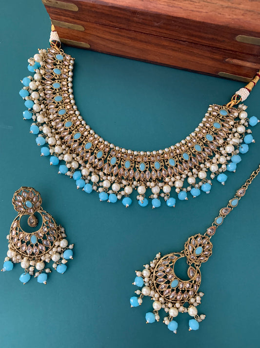 Khusboo polki necklace in phirozi blue