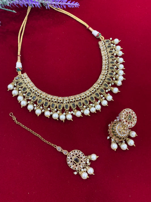 Reverse Polki necklace set with Jhumki Tikka olive green