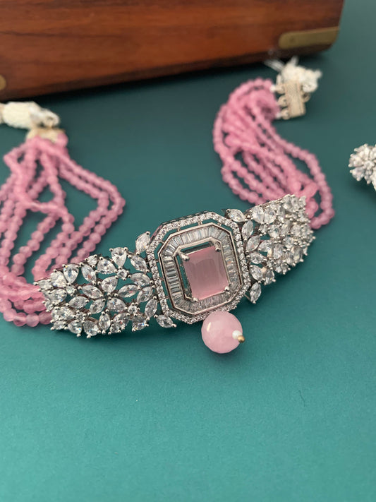 American diamond choker leela baby pink