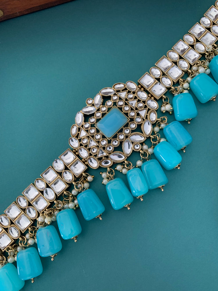 Sadiya kundan choker set in phirozi blue