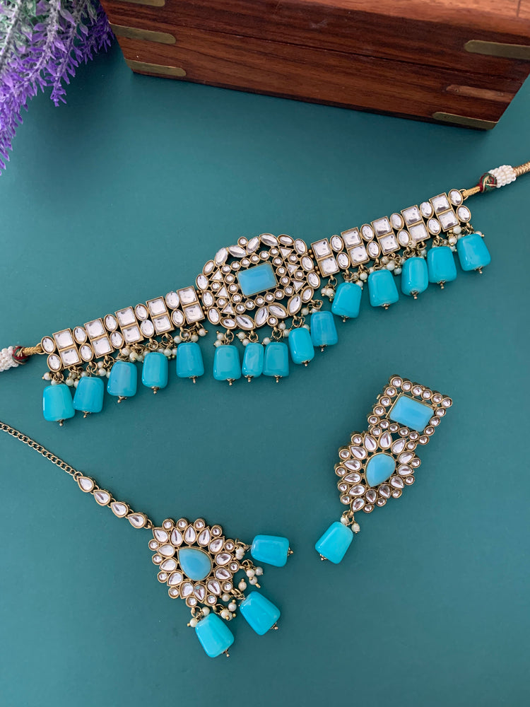 Sadiya kundan choker set in phirozi blue