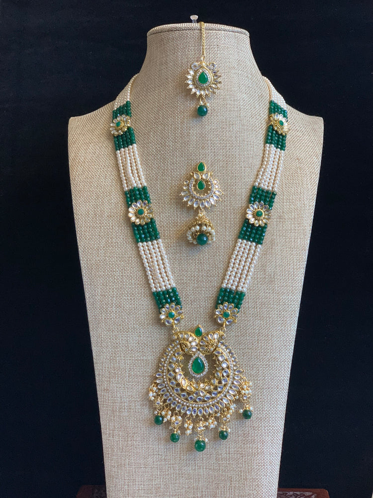 Kundan mala with Glass beads emerald green