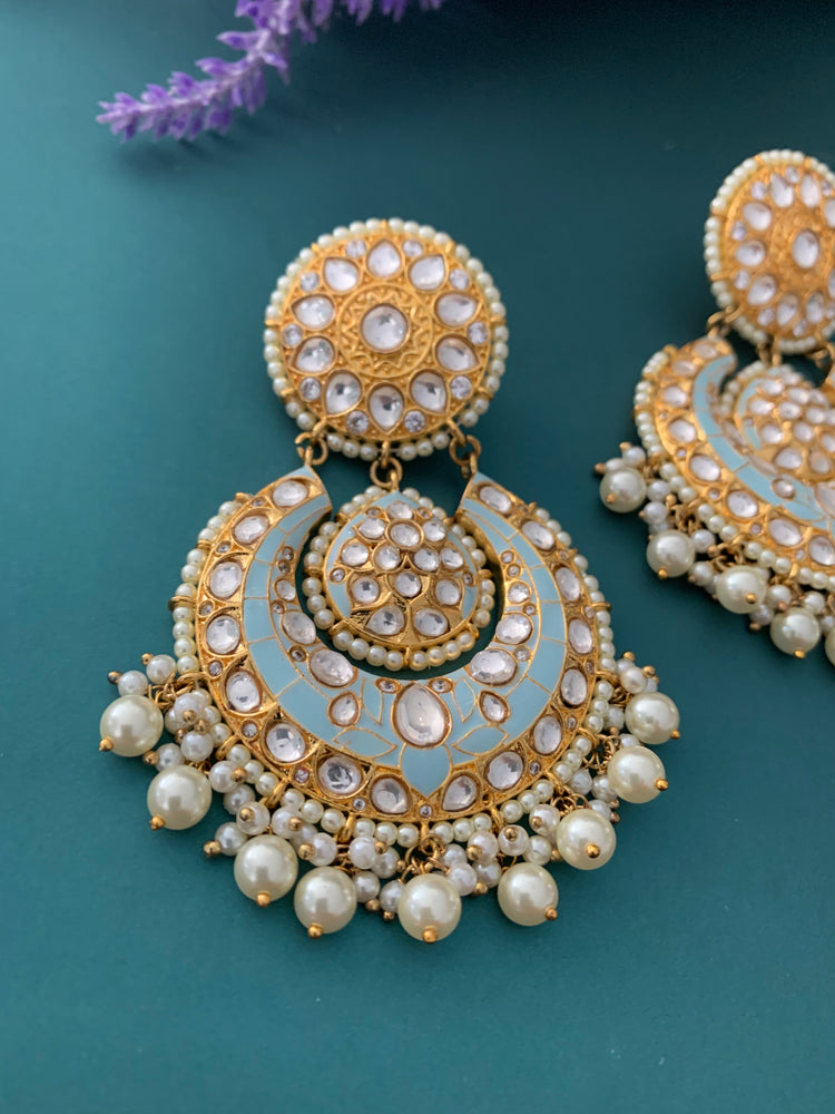 Uncut Kundan designer chandbali earring light blue