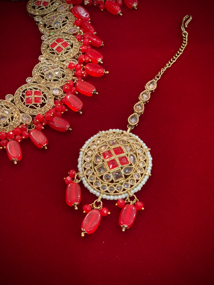 Reverse polki necklace set Laura tomato red