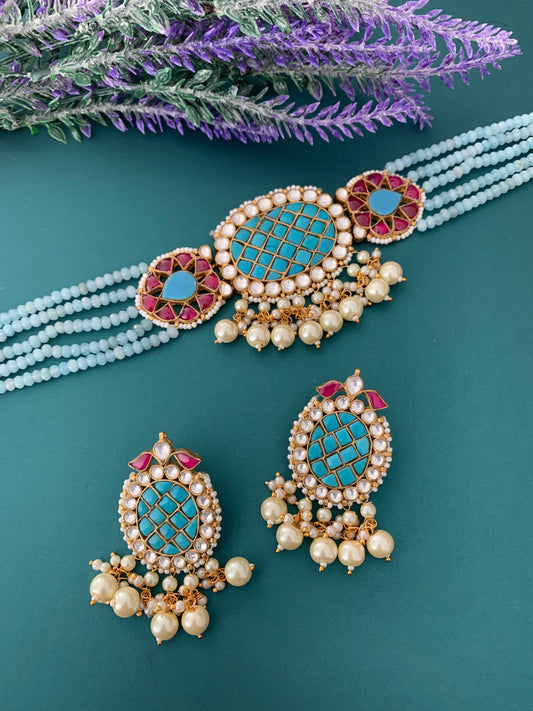 Geeta pachi kundan choker baby blue /ruby