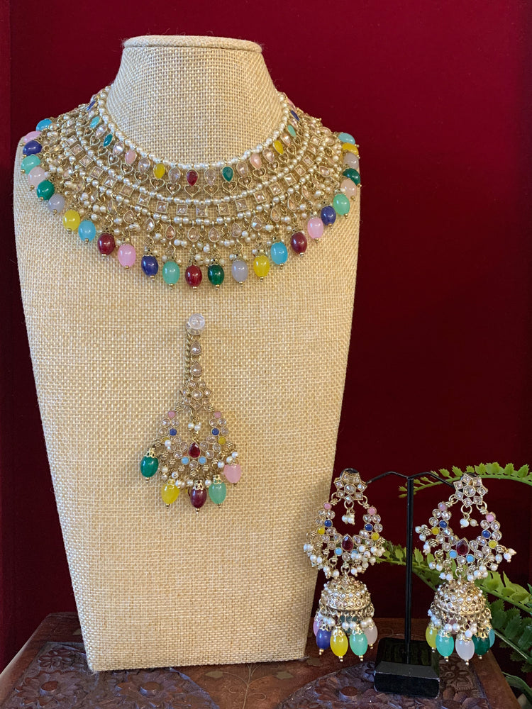 Tylor Reverse polki semi bridal necklace with matching jhumki tikka